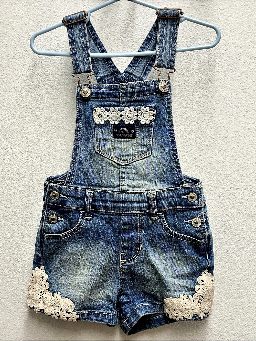 Jordache Girls Denim Floral Crochet Lace Overall Shorts Girls 4T Denim Overalls